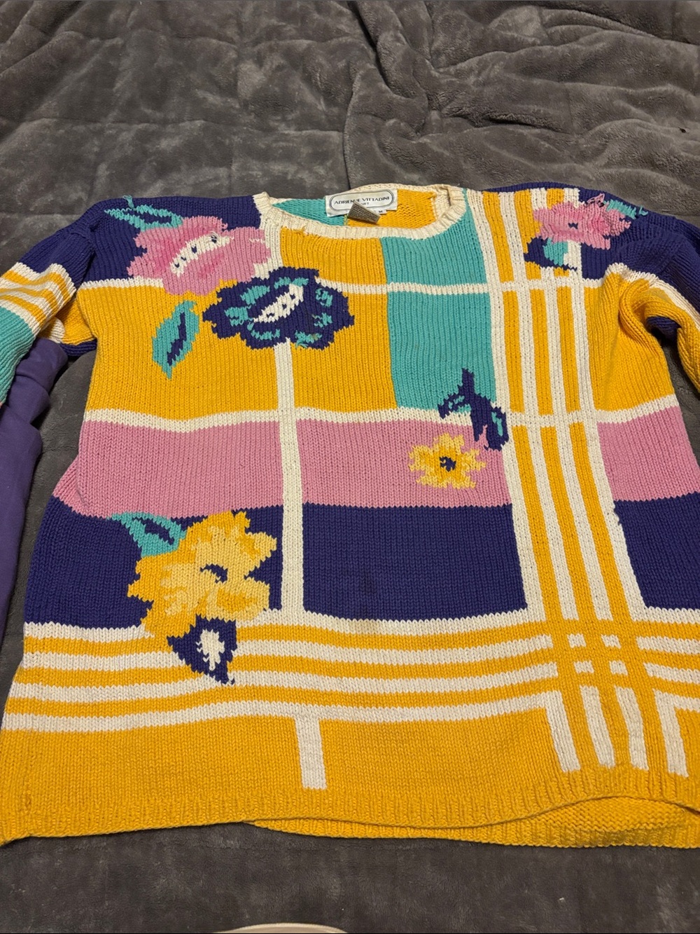 Vintage Adrienne Vittadini Colorblock Floral Crewneck Sweater - Multi
